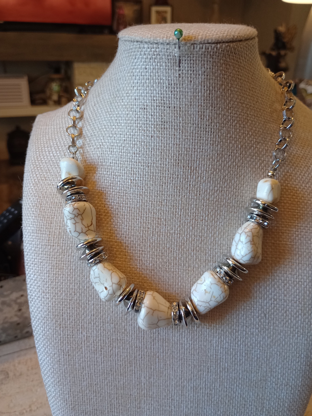 paparazzi Cream Veined Bead Necklace with Silver Accents
